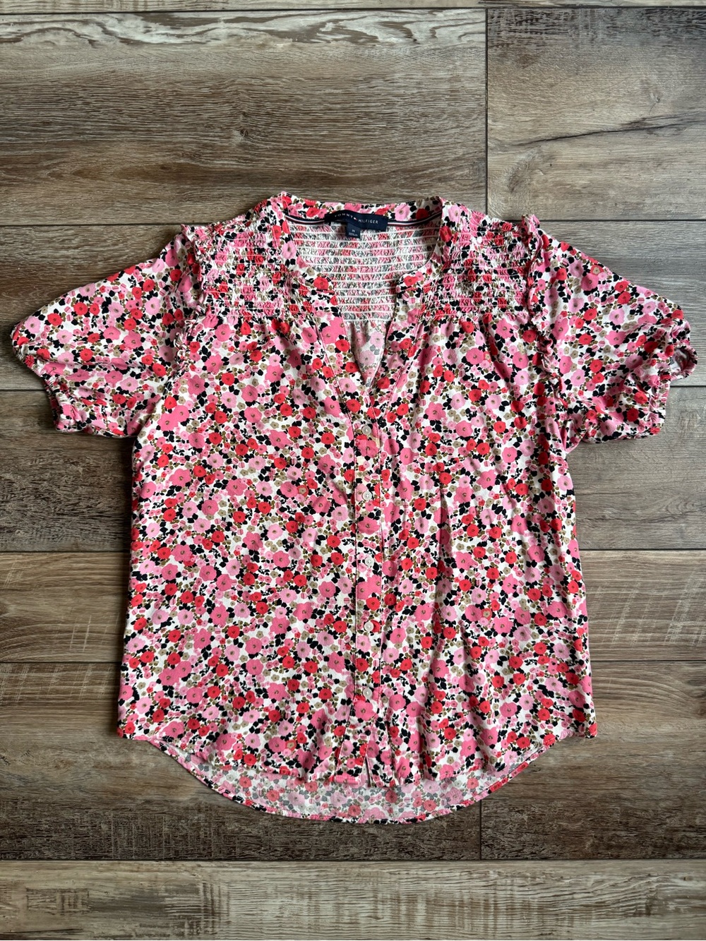 Tommy Hilfiger Pink Floral Smocked Short Sleeve Blouse